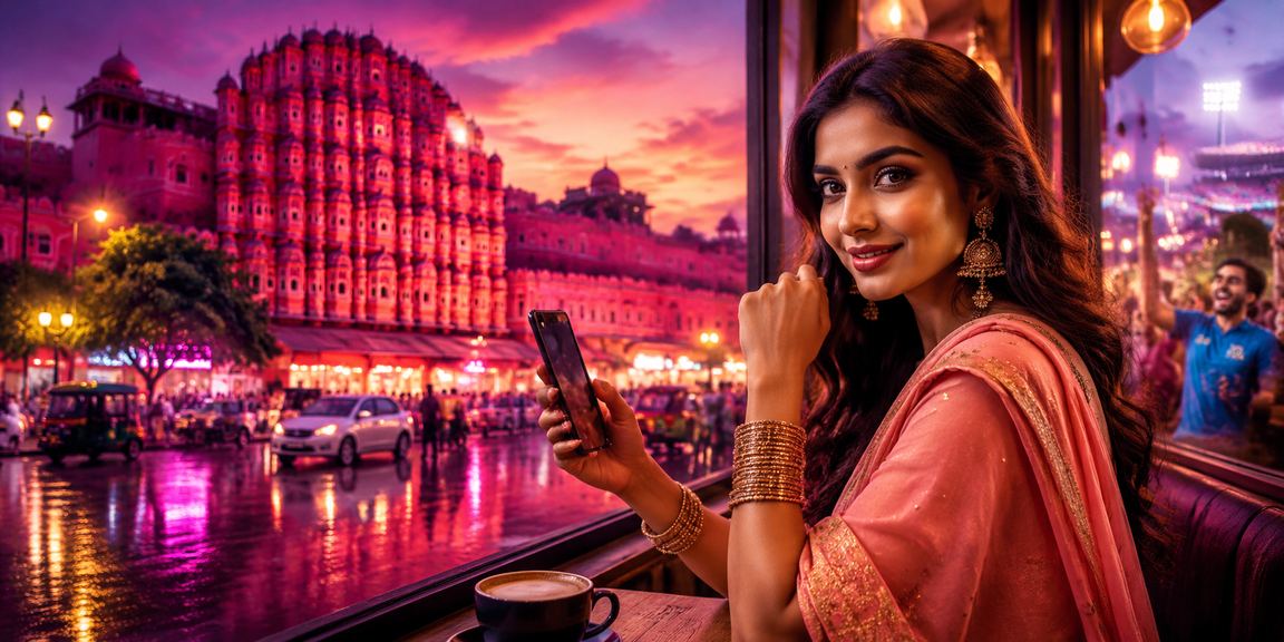 Mobile betting on 5180 app with vibrant Jaipur backdrop, demonstrating user-friendly interface