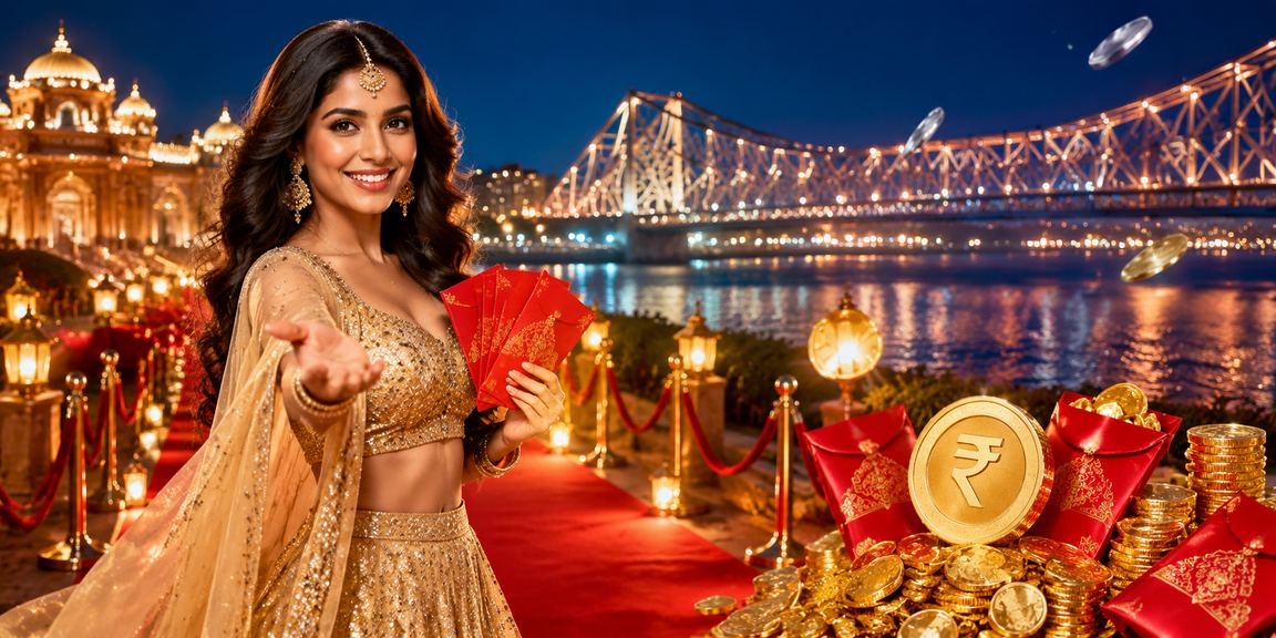 Evening city scene with Howrah Bridge and red envelope decorations